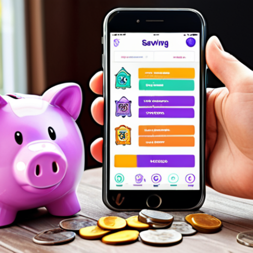 **Prompt:** Gamified savings challenge, happy person putting money in a piggy bank with a game interface overlay, visual representation of financial goals as achievements, colorful and motivational, habitica app style.